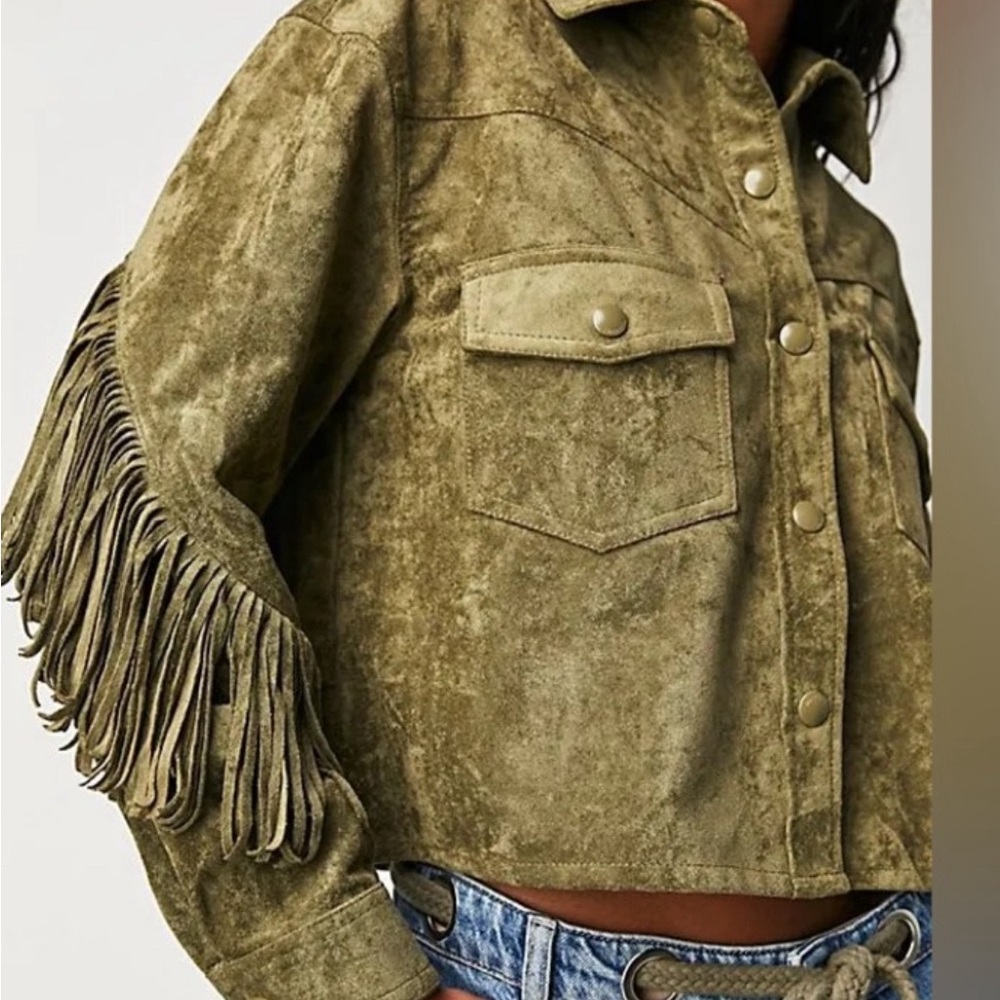 Free People BLANKNYC Women's Faux Green Suede Fringe Jacket. SIZE SMALL